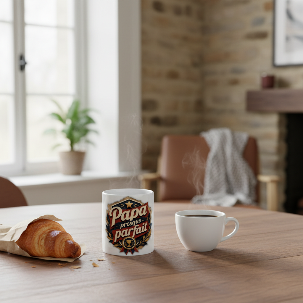 Tasse blanche « Papa presque parfait » sur table