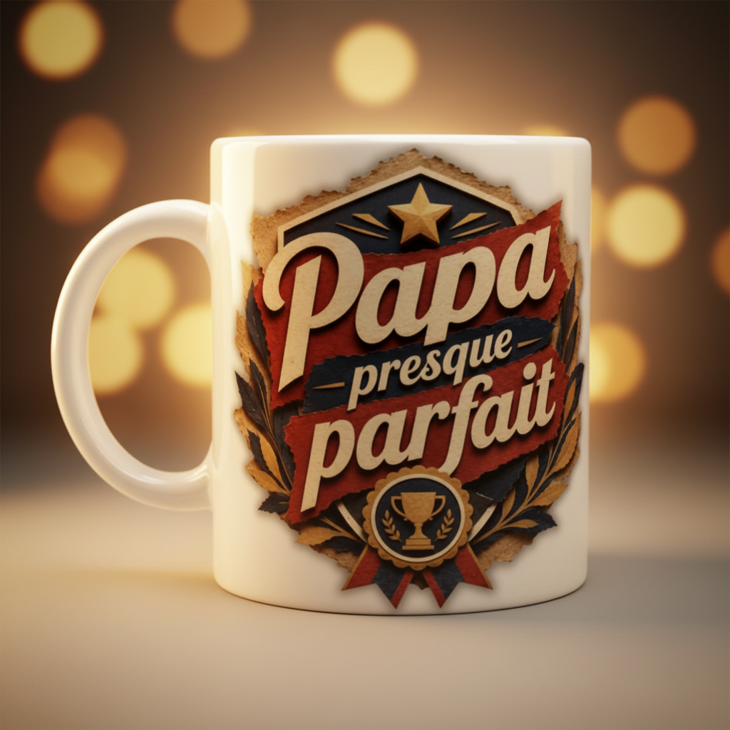 Tasse blanche avec poignée et inscription « Papa presque parfait »