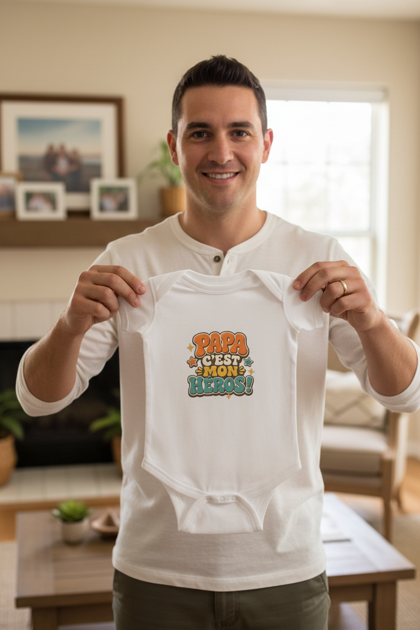 Body bébé blanc plié, col pressionné, inscription « Papa c’est mon héros ! »