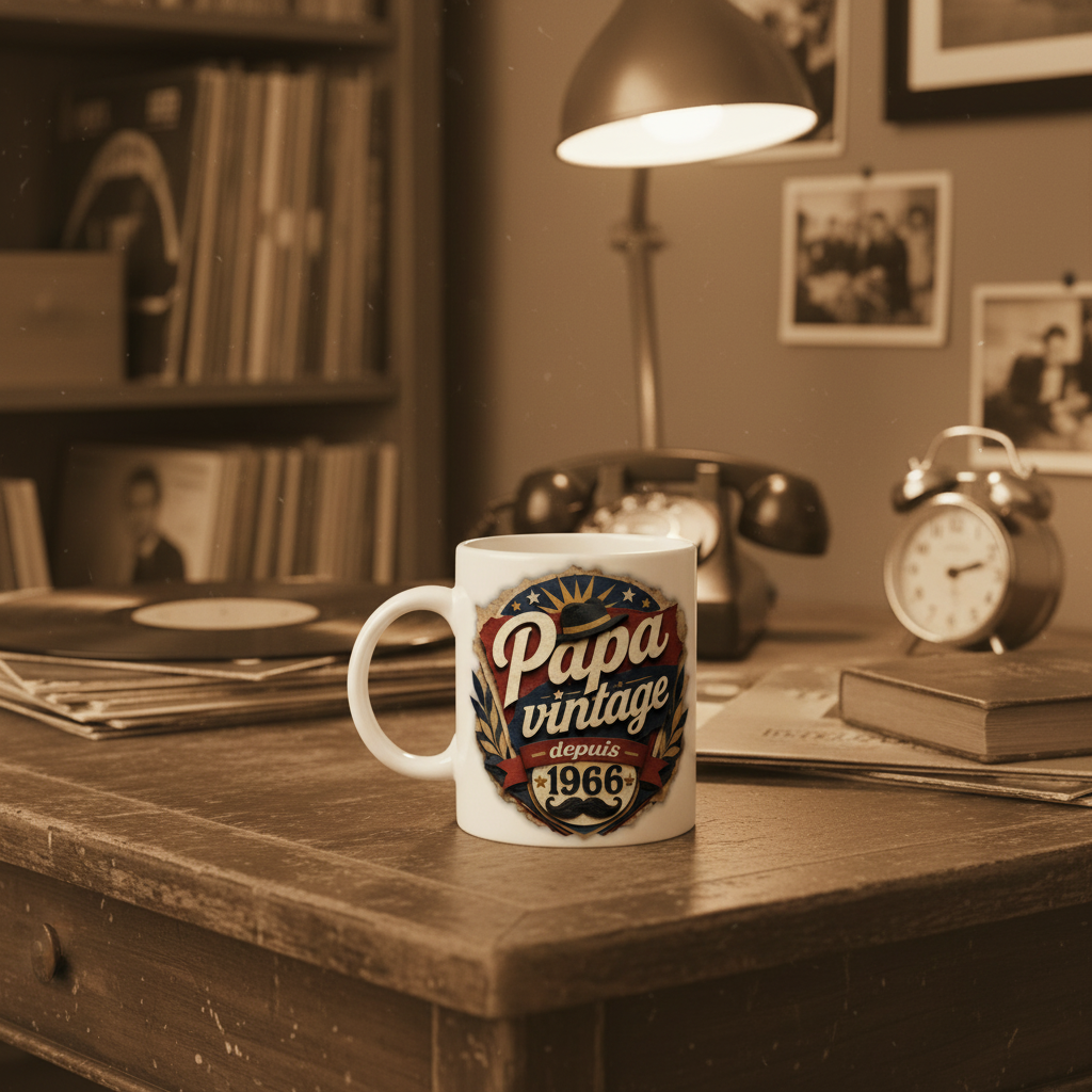 Mug blanc “Papa vintage depuis 1966” sur une table, vue de face