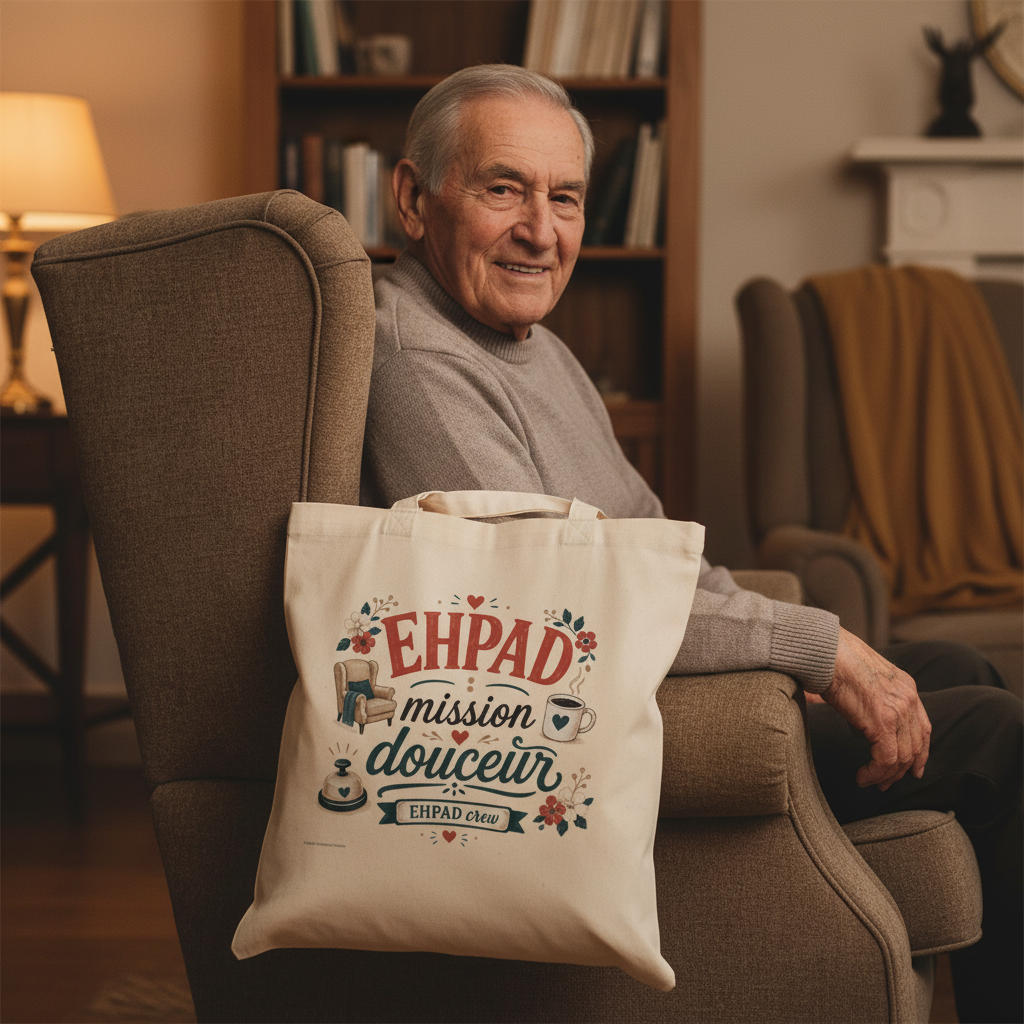 Tote bag beige avec anses et motif « EHPAD mission douceur », porté par un homme.