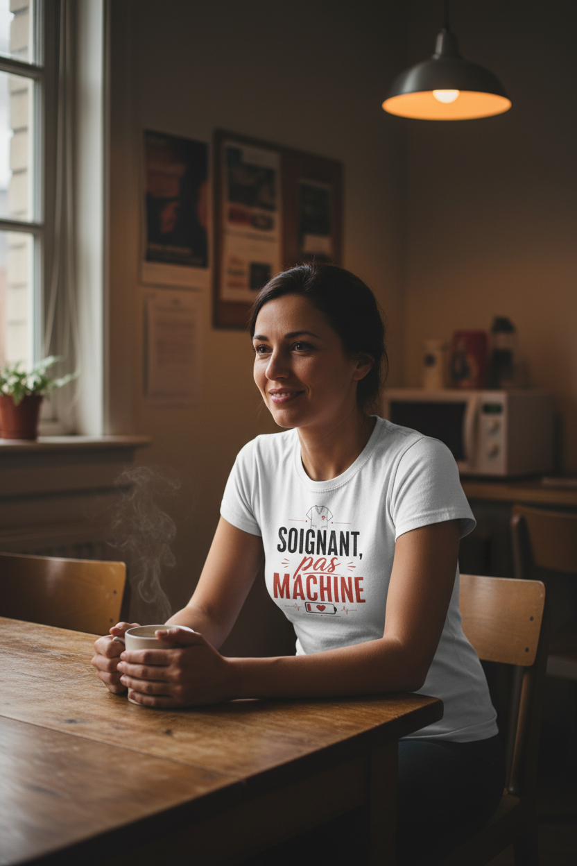 T-shirt blanc porté, message « Soignant pas machine » avec pictogrammes