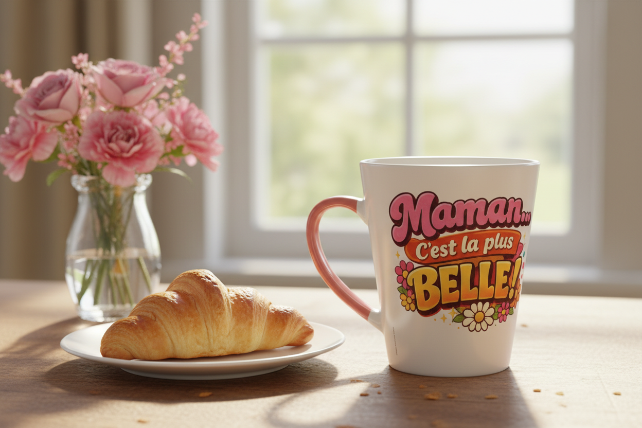 Mug blanc à anse marron « Maman… c’est la plus belle » près d’un croissant