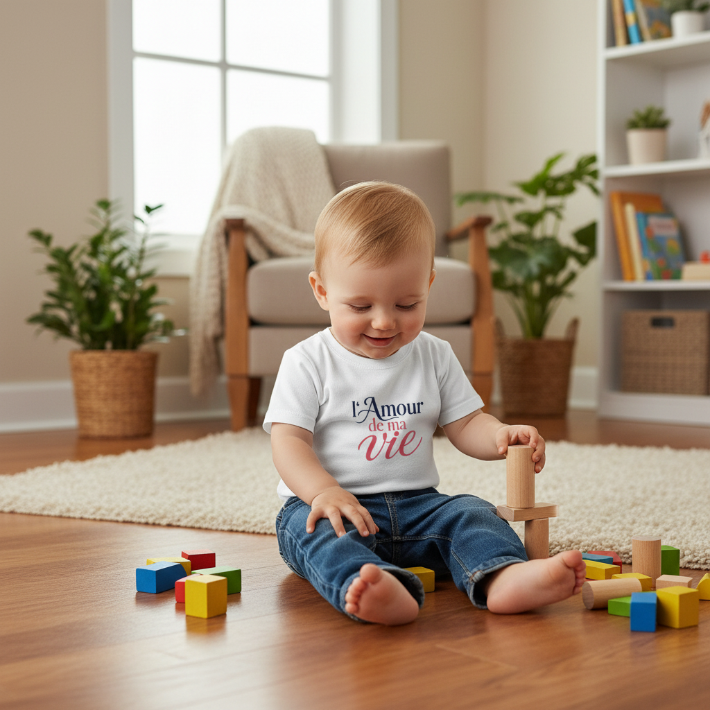 Petit garçon portant le t-shirt, assis sur parquet