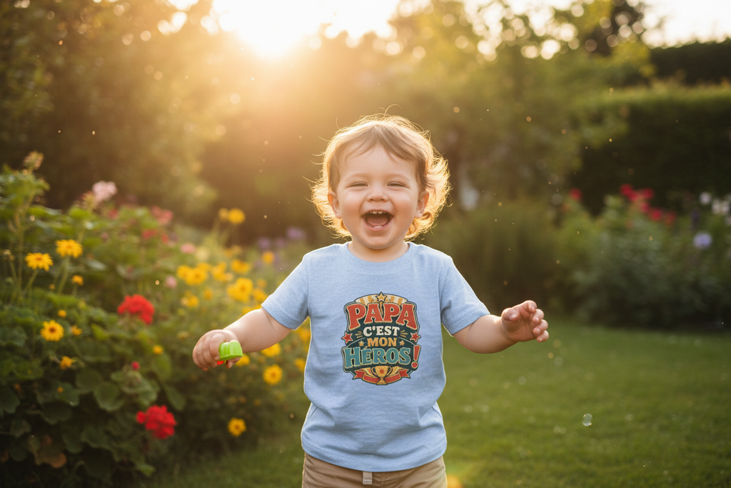 T-shirt enfant bleu à manches courtes, imprimé multicolore « Papa c'est mon héros »