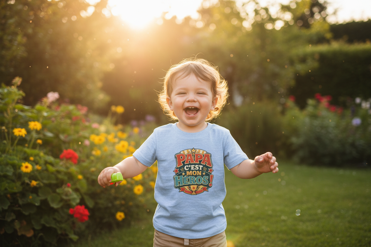 T-shirt enfant bleu à manches courtes, imprimé multicolore « Papa c'est mon héros »
