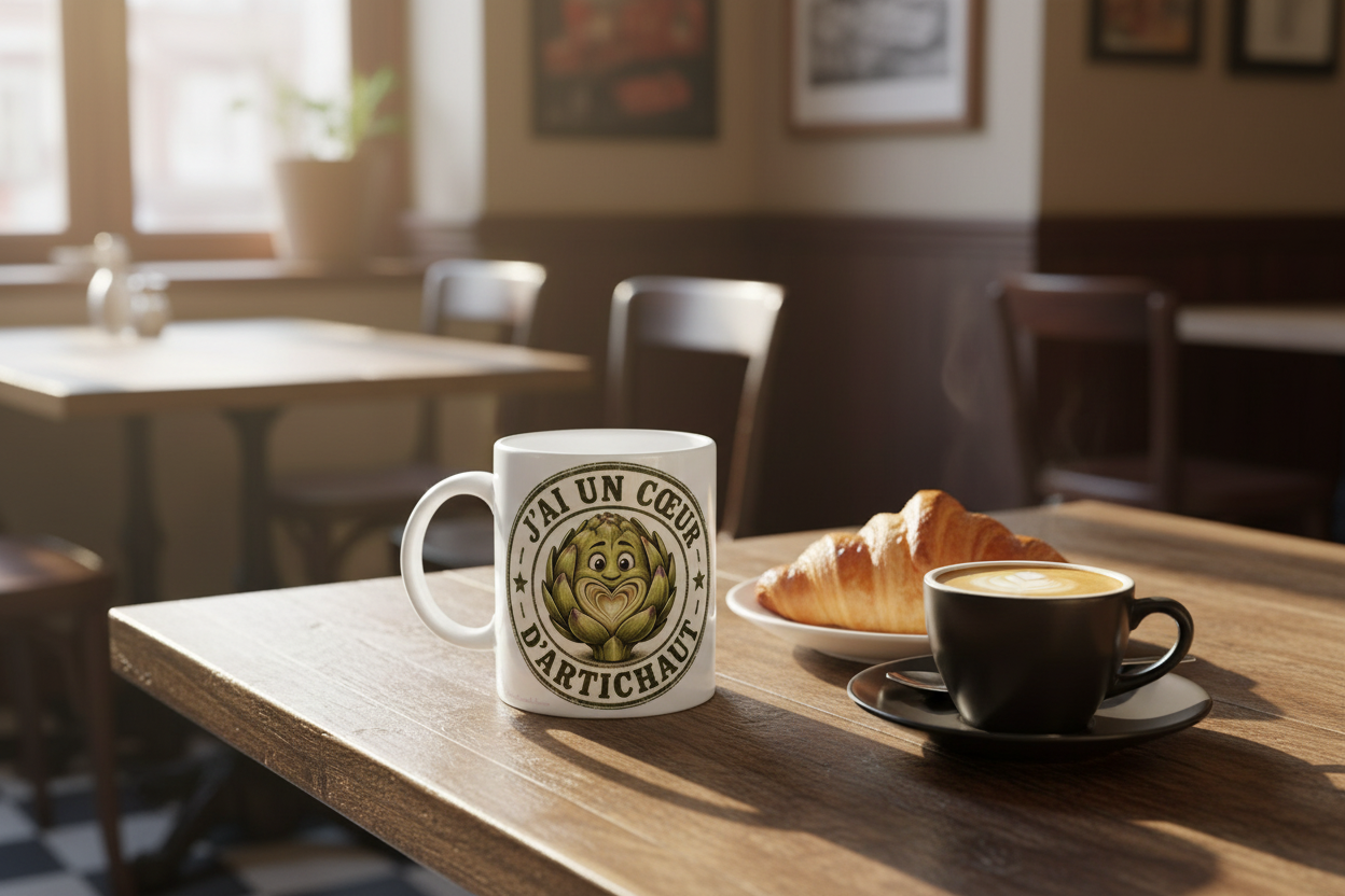 Mug blanc « J’ai un cœur d’artichaut » sur table, près d’une tasse de café