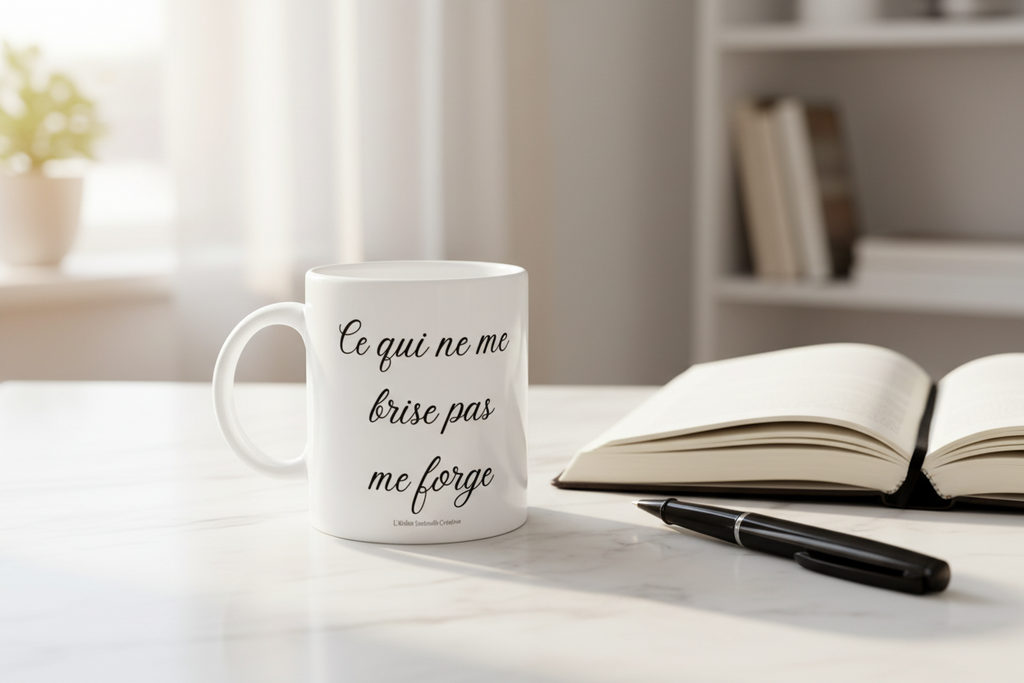 Mug blanc sur table, inscription manuscrite noire « Ce qui ne me brise pas me forge ».