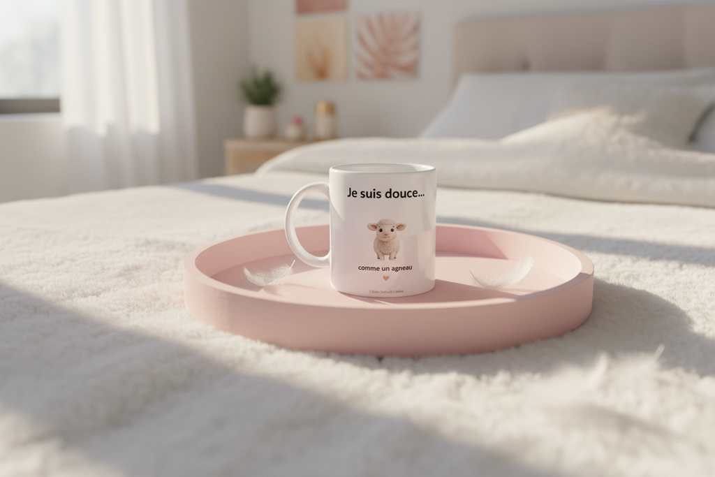 Mug blanc « Je suis douce... » et agneau illustré, posé sur plateau rose.