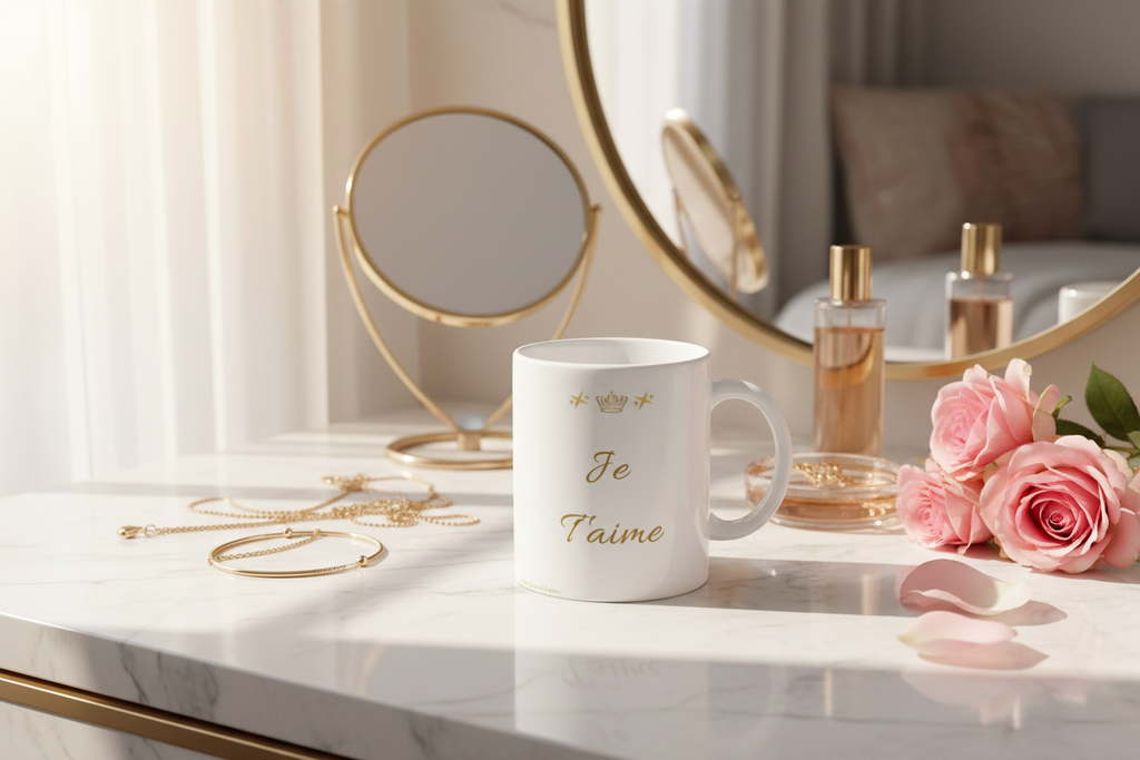 Mug blanc « Je t’aime » et couronne dorée, vue de trois-quarts.