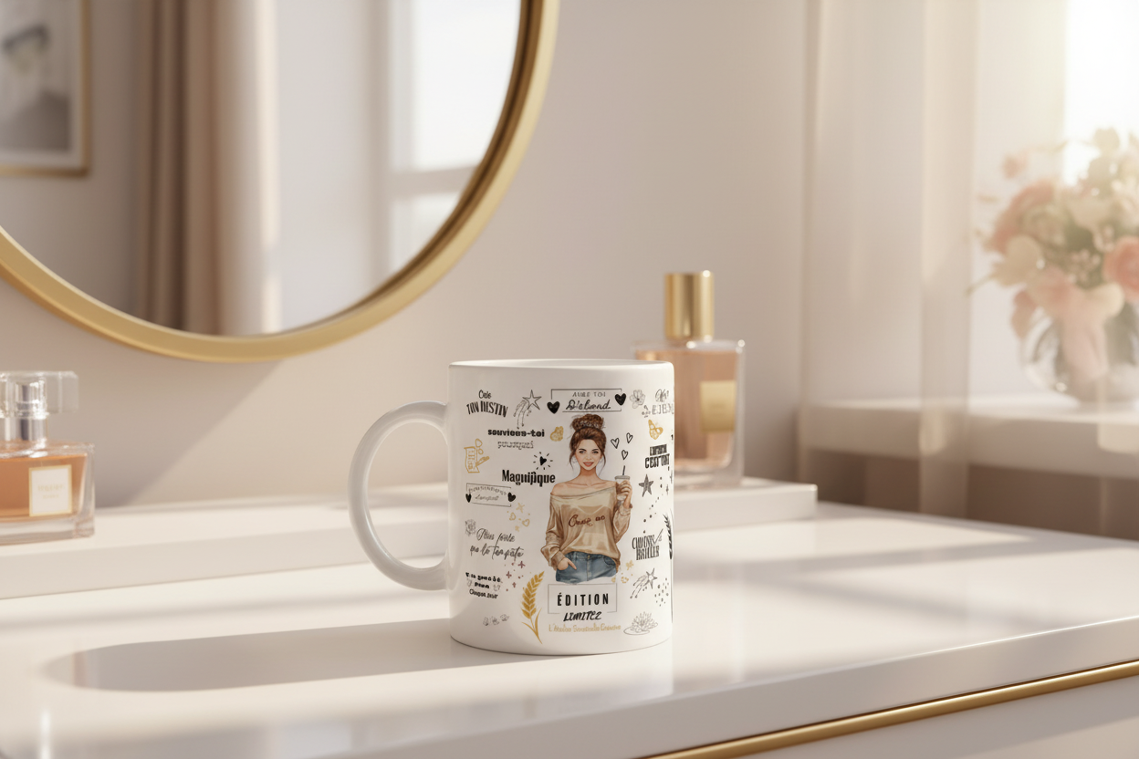 Mug blanc sur un plateau, avec motif doré et texte « Édition limitée ».