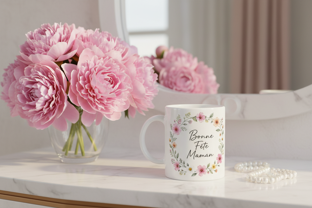 Tasse blanche «Bonne Fête Maman» avec couronne de fleurs et feuillages