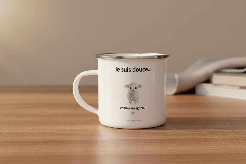 Mug émaillé blanc « Je suis douce… » vu de côté, motif agneau sur l’avant.