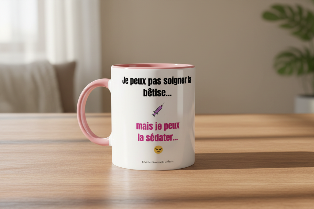 Mug céramique blanc, anse rose, inscription « mais je peux la séduater... »
