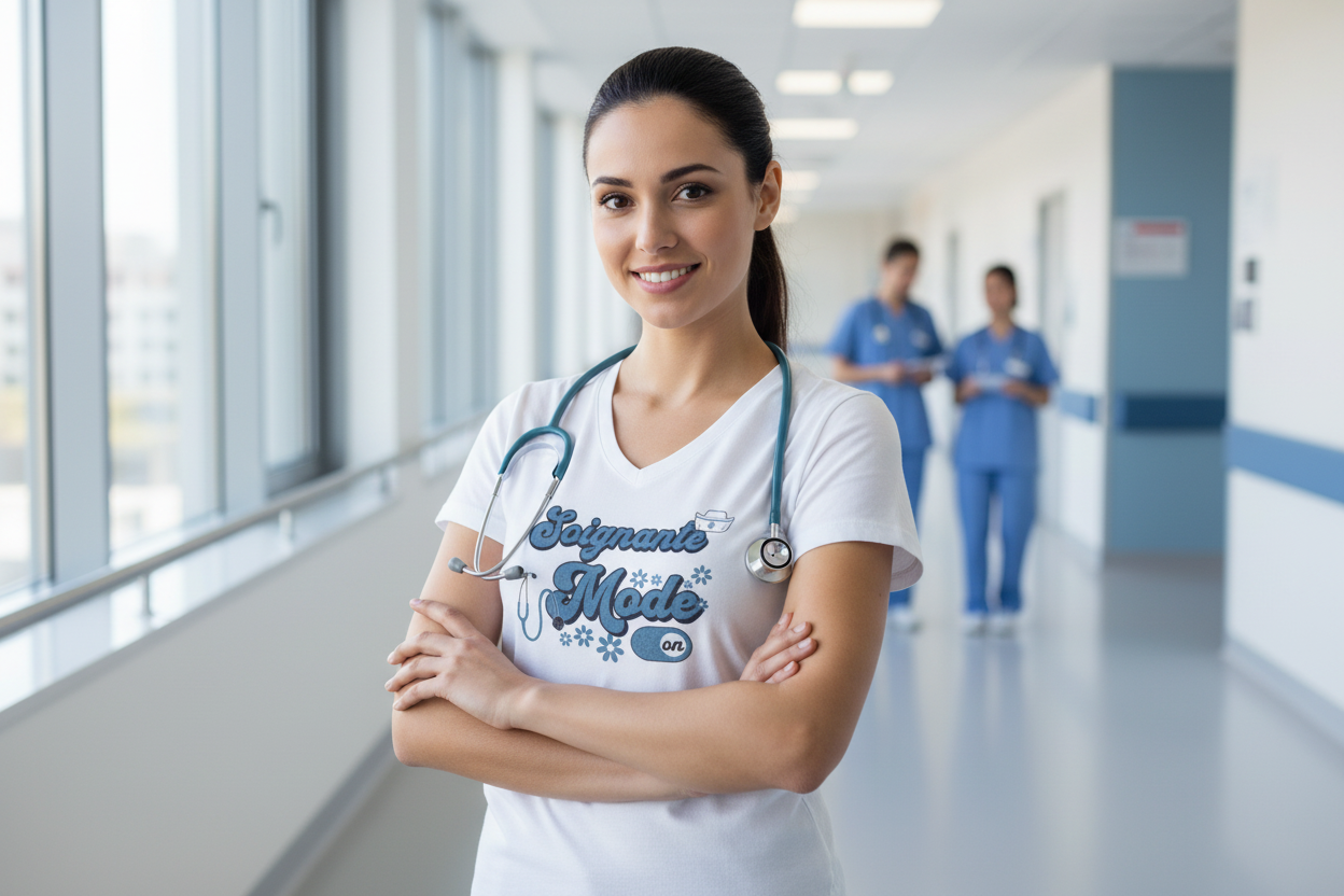 T-shirt blanc col V en coton avec inscription humoristique "Soignante Mode On" en bleu, porté par une femme souriante dans.