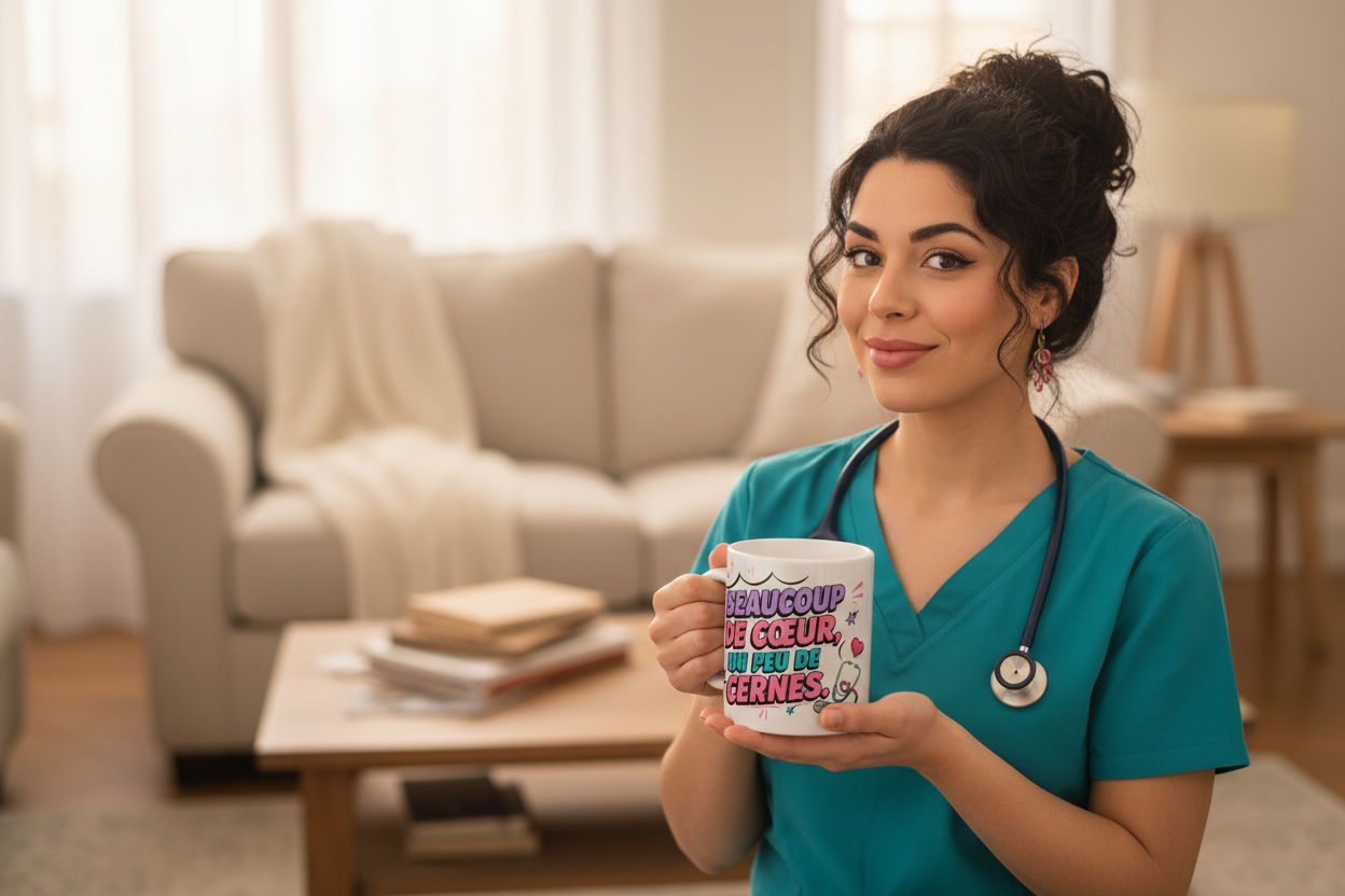 Tasse blanche tenue, illustration infirmière et texte coloré 'Beaucoup de cœur...'