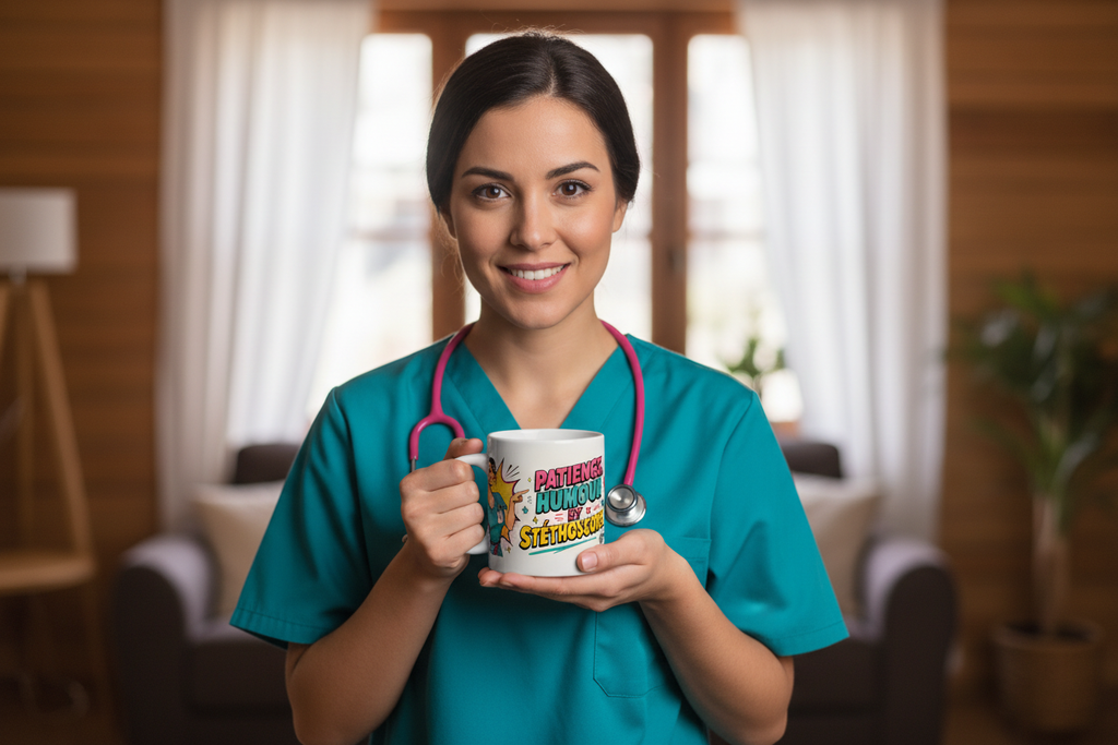 Mug en céramique avec motif infirmière et texte humoristique, tenu à deux mains