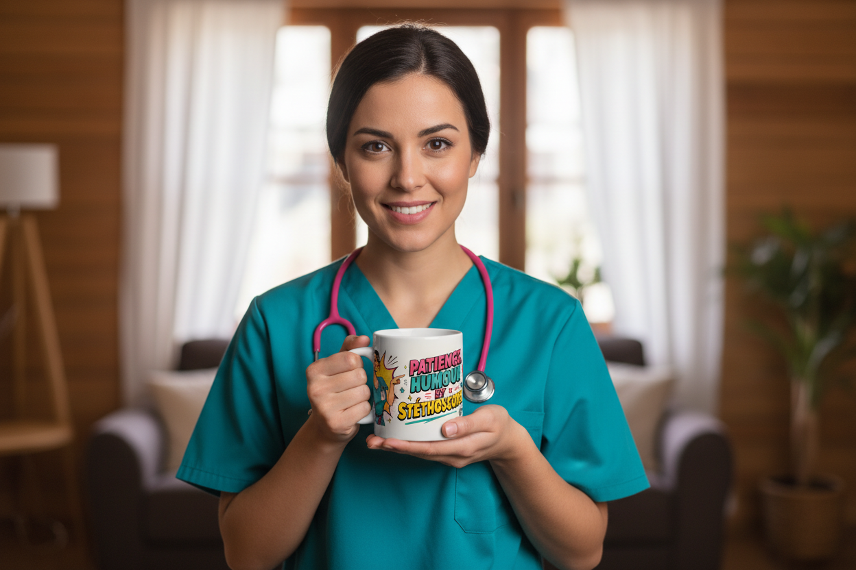 Mug en céramique avec motif infirmière et texte humoristique, tenu à deux mains