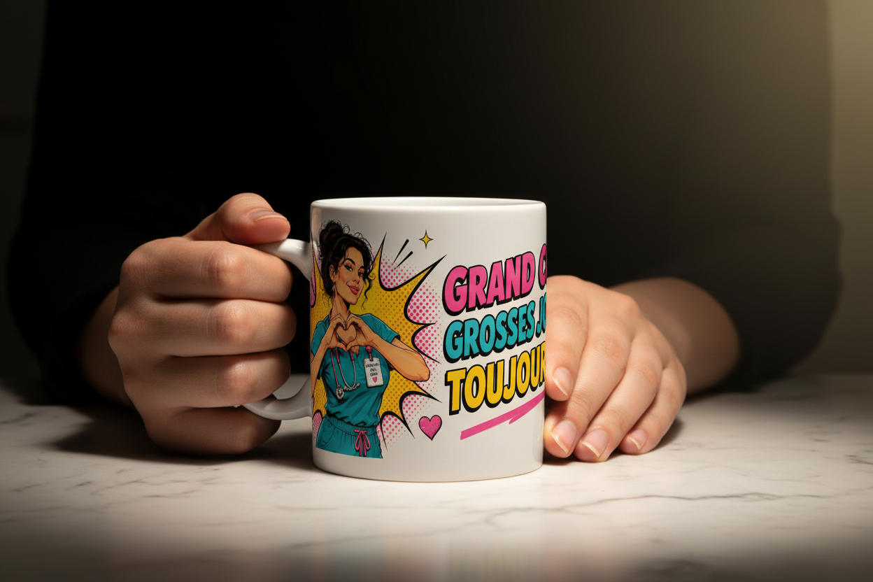 Tasse blanche tenue par une main, infirmière illustrée et texte coloré