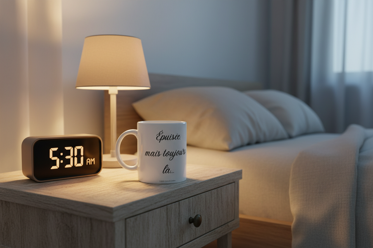 Mug blanc en céramique, poignée, texte « Épuisée, mais toujours là… »