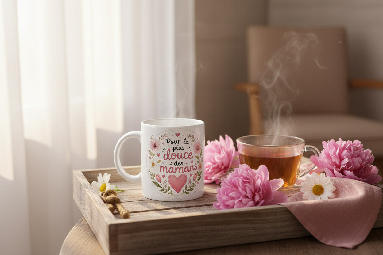 Mug blanc sur plateau, « Pour la plus douce des mamans » avec cœur rose et fleurs.