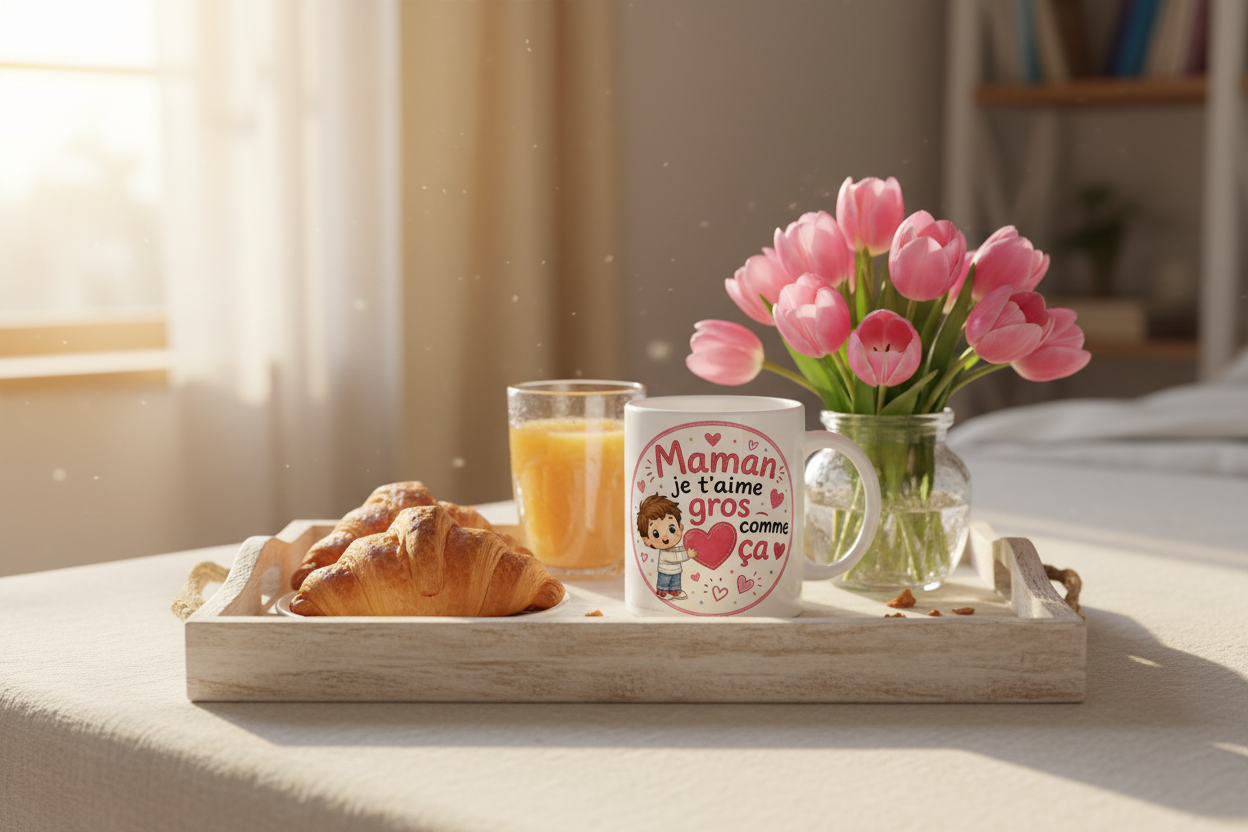 Tasse blanche « Maman je t’aime gros comme ça » sur plateau en bois