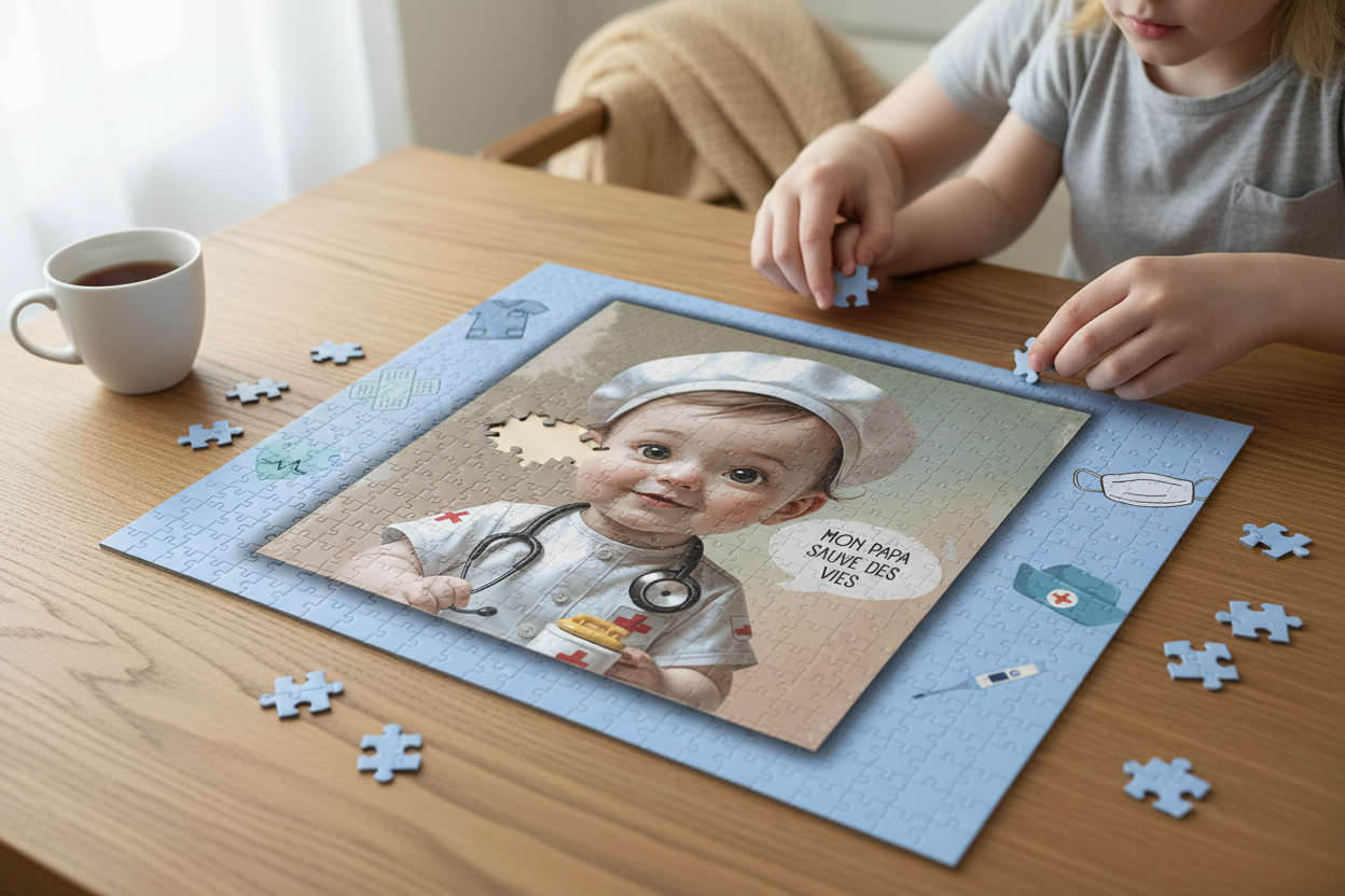 Puzzle 520 pièces en cours, portrait de bébé en tenue de docteur sur plateau.