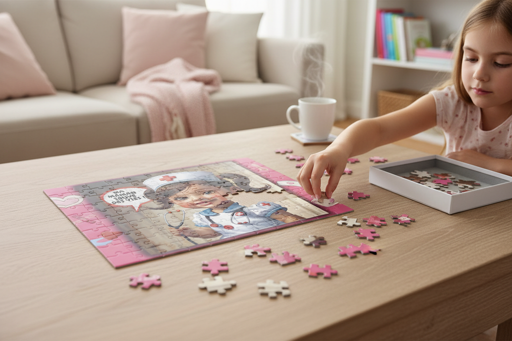 Puzzle en cours sur table : pièces assemblées et boîte ouverte.