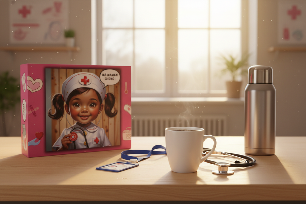 Boîte de puzzle rose avec portrait de petite infirmière, posée sur table