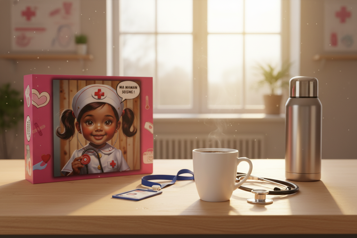 Boîte de puzzle rose avec portrait de petite infirmière, posée sur table