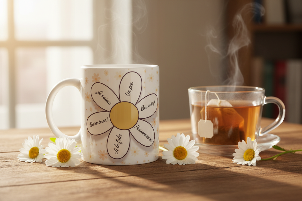 Mug blanc à motif marguerite, boisson chaude fumante à proximité, anse