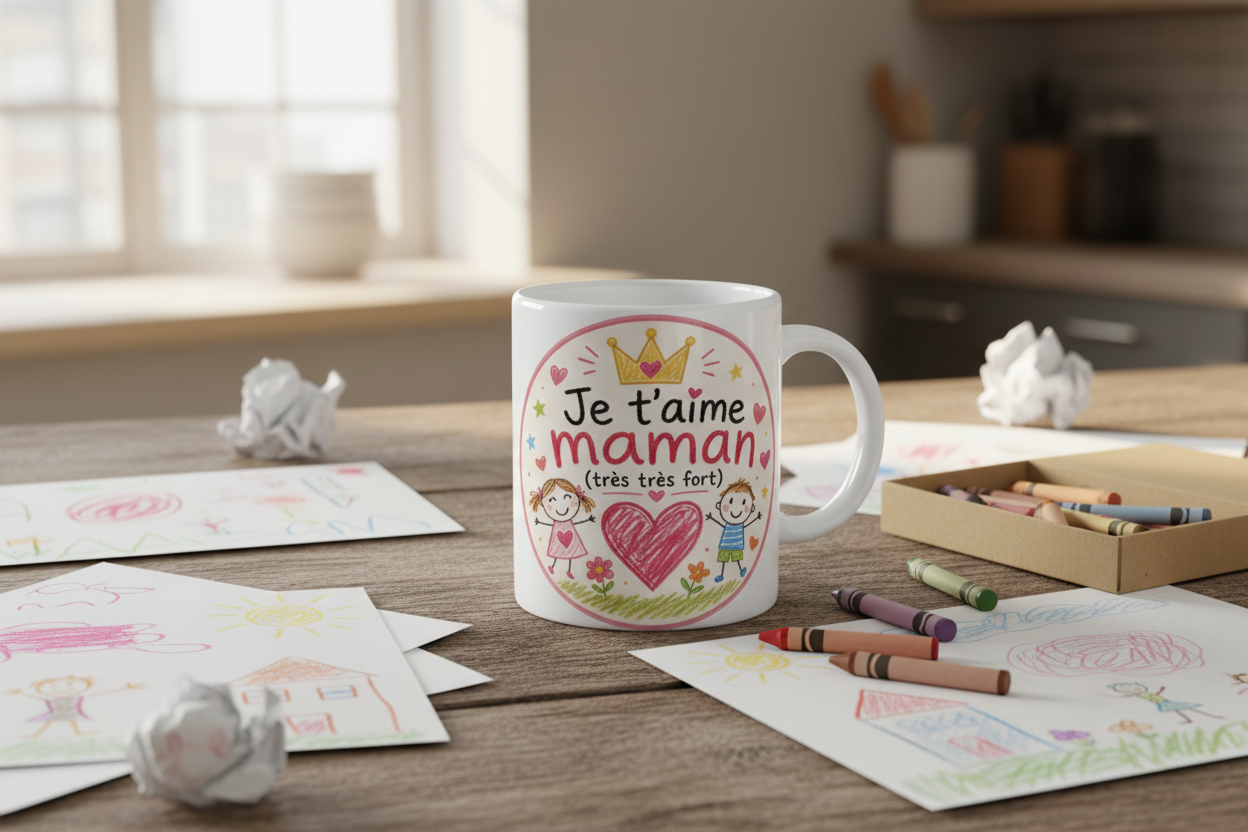 Mug blanc « Je t’aime maman » avec couronne dorée et cœur rose, posé sur table
