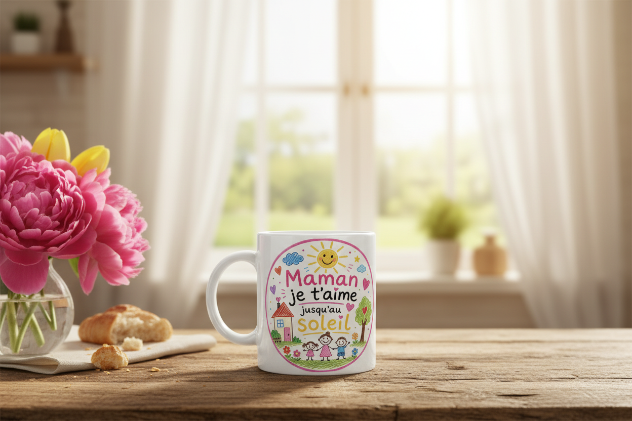 Mug blanc « Maman je t’aime jusqu’au Soleil » sur une table en bois