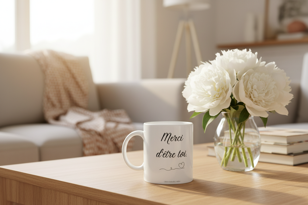 Mug blanc « Merci d'être toi » sur table, texte noir et cœur au trait