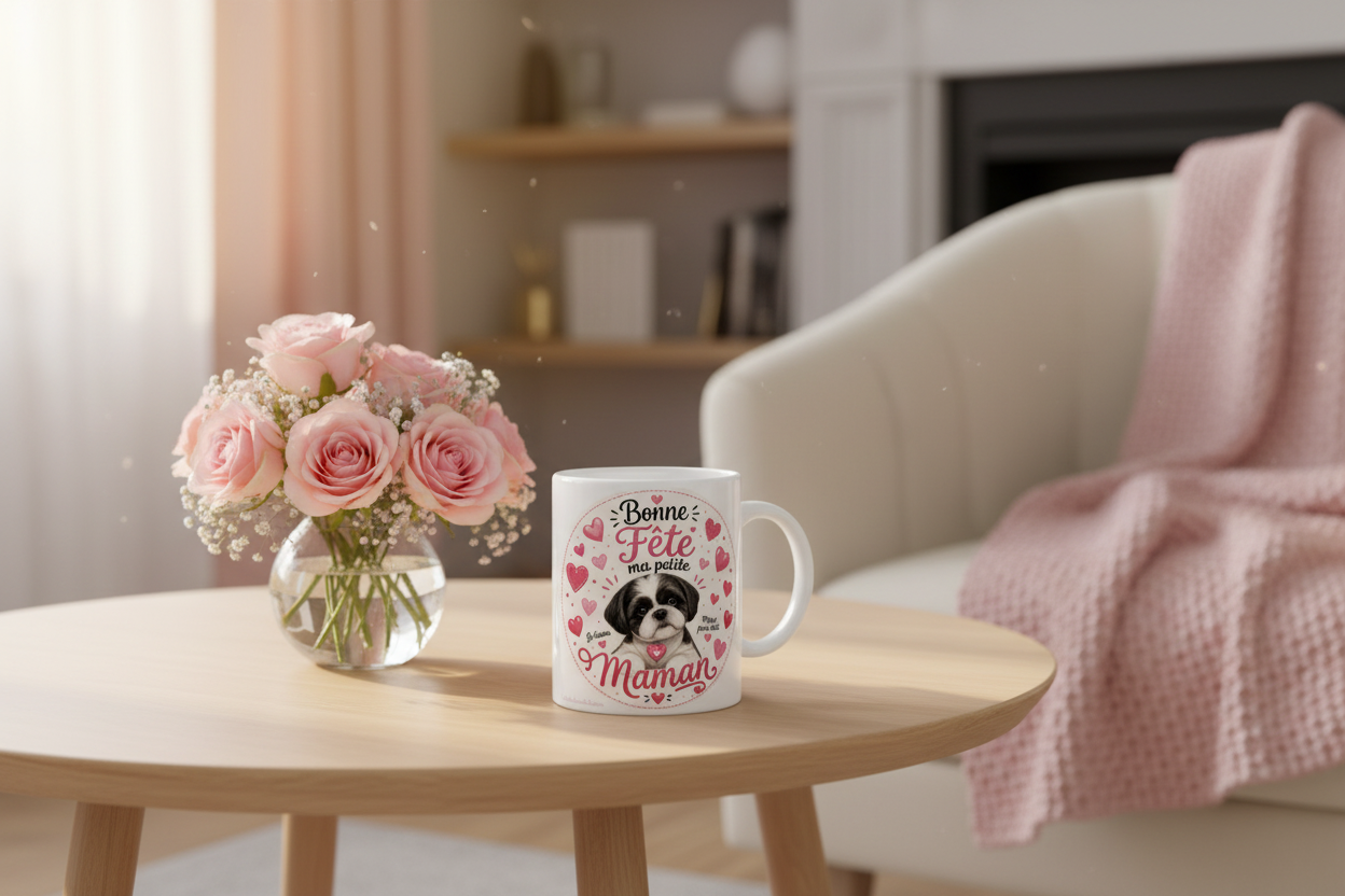 Mug blanc avec anse «Bonne Fête ma petite Maman» et chien, cœurs roses