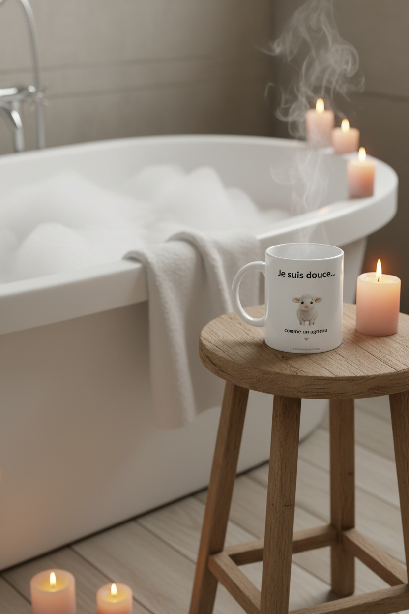 Mug blanc « Je suis douce... » et agneau illustré, vue de face.
