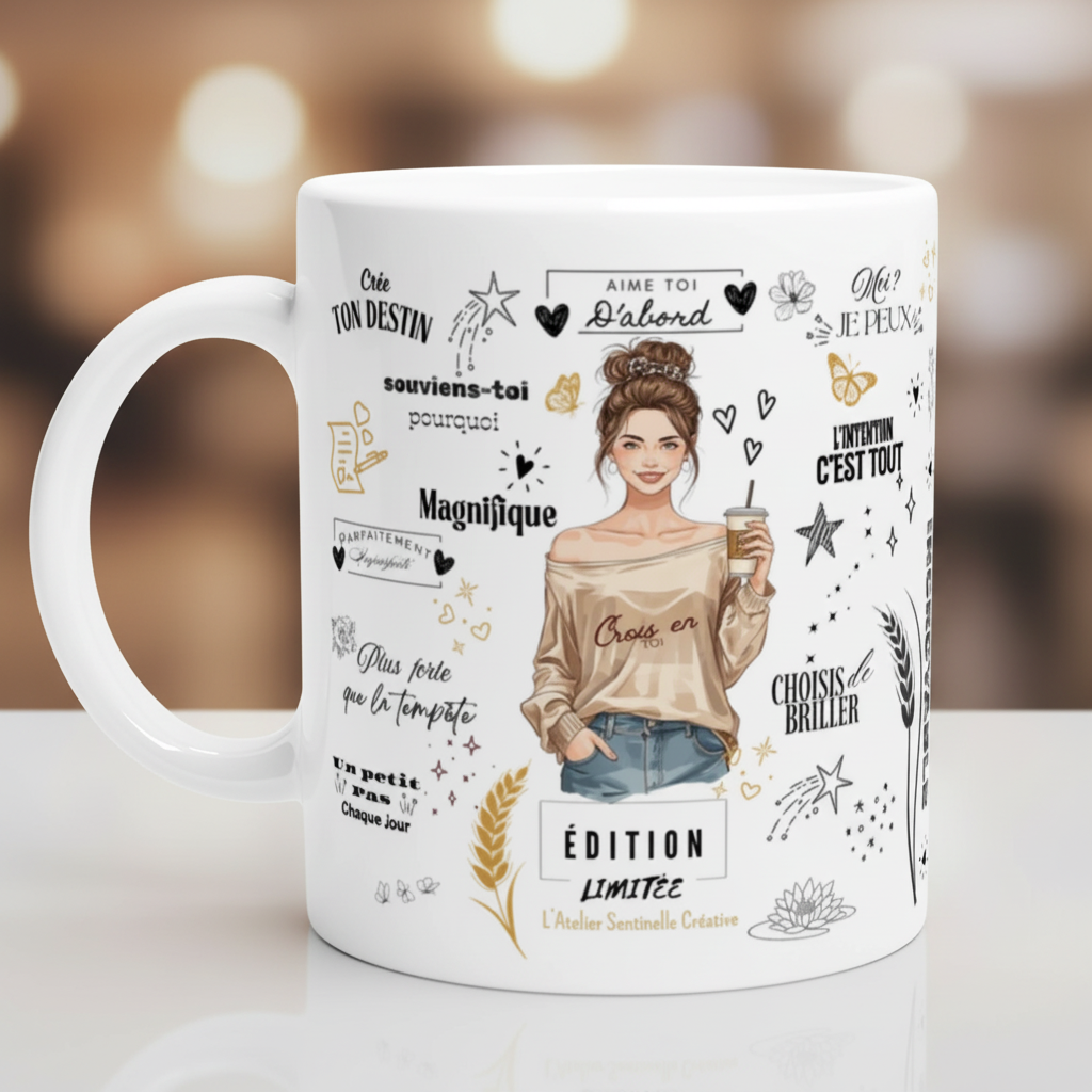 Mug blanc en céramique avec illustration dorée et texte « Édition limitée » sur le devant.
