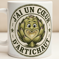 Mug blanc avec artichaut souriant et texte « J’ai un cœur d’artichaut »