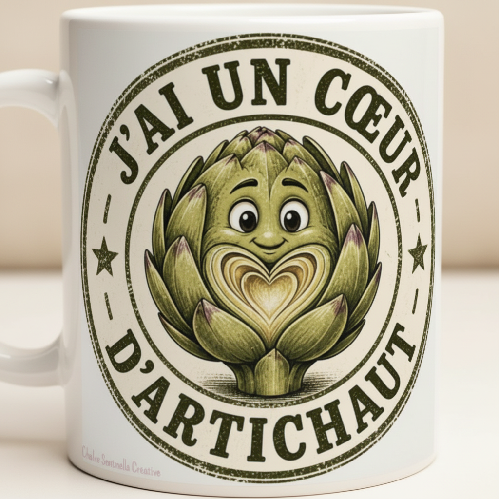 Mug blanc avec artichaut souriant et texte « J’ai un cœur d’artichaut »