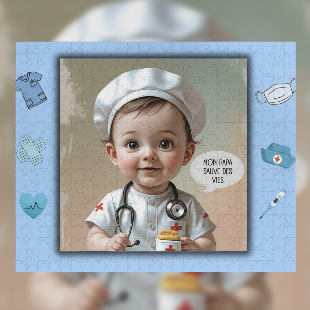 Puzzle 520 pièces avec portrait d’enfant docteur, cadre bleu et fond beige.