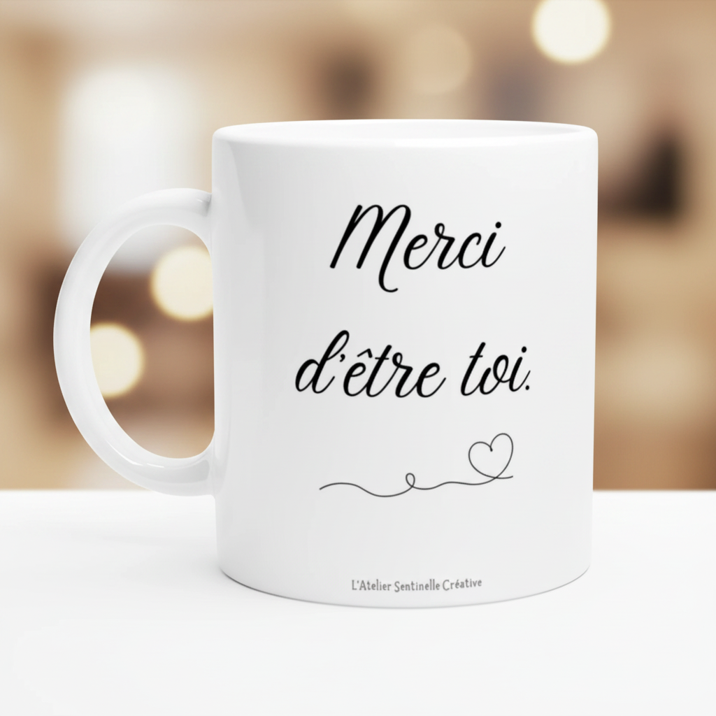 Mug blanc « Merci d'être toi » avec cœur et guirlande au trait sur la face