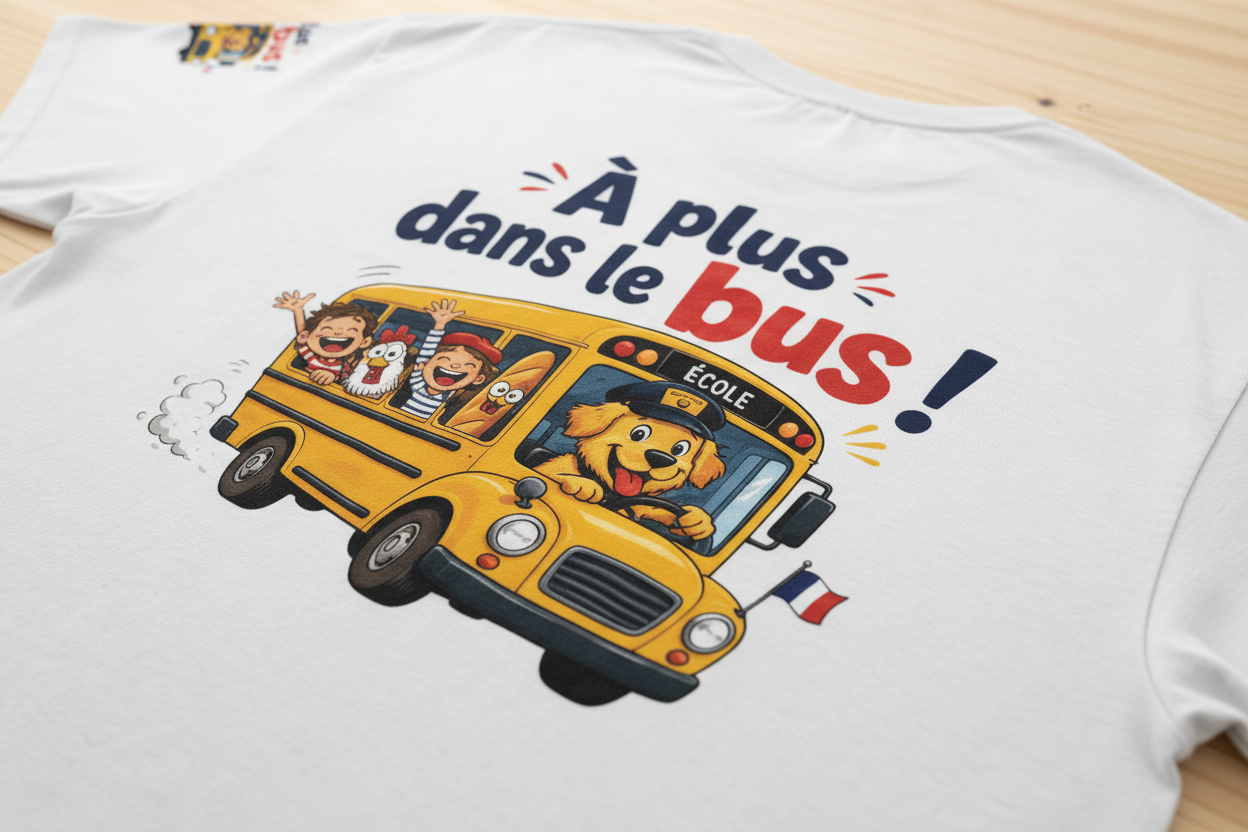 T-shirt blanc gros plan motif « À plus dans le bus »