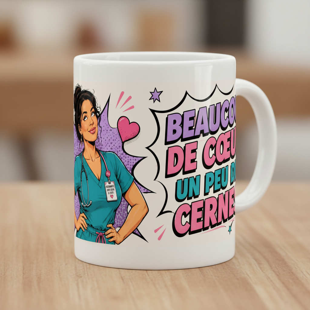 Tasse blanche sur table, gros plan de l’illustration infirmière et des lettres pop