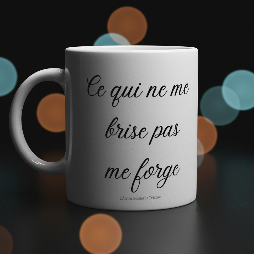 Mug blanc avec inscription manuscrite noire « Ce qui ne me brise pas me forge ».