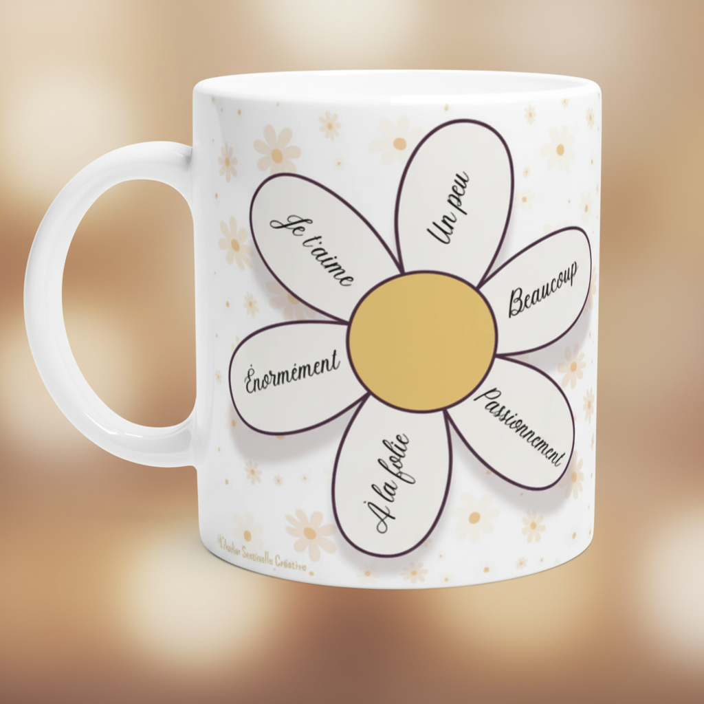Mug en céramique blanc avec motif marguerite et inscriptions, anse à gauche