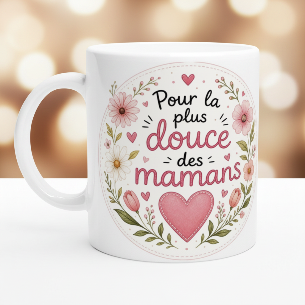 Mug blanc avec message « Pour la plus douce des mamans » et cœur rose, anse.