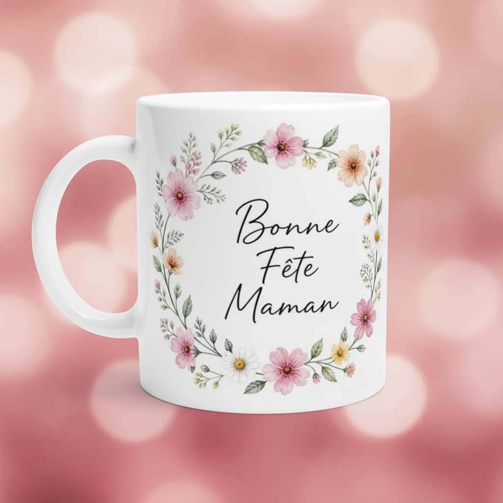 Tasse blanche «Bonne Fête Maman», couronne de fleurs roses et feuillage