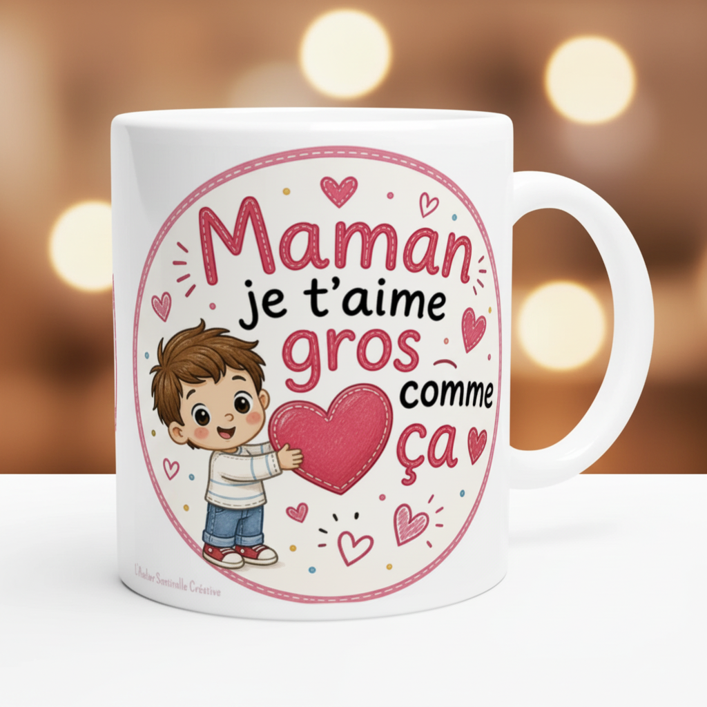 Tasse blanche « Maman je t’aime gros comme ça » avec cœur rouge