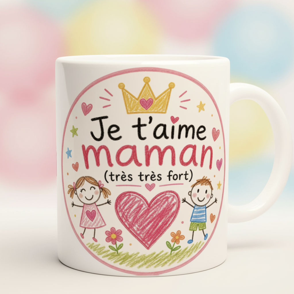 Mug blanc avec illustration « Je t’aime maman » et grand cœur rose, anse latérale
