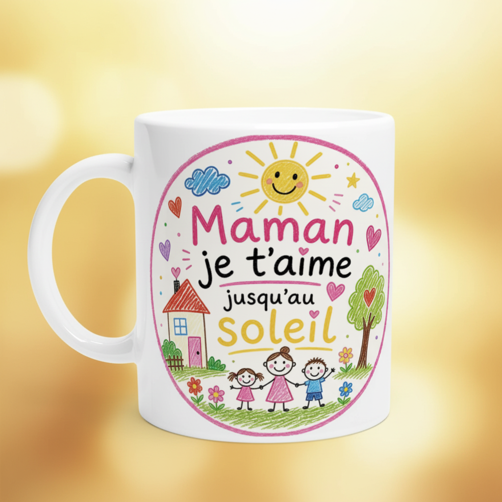 Mug blanc « Maman je t’aime jusqu’au Soleil » avec soleil souriant